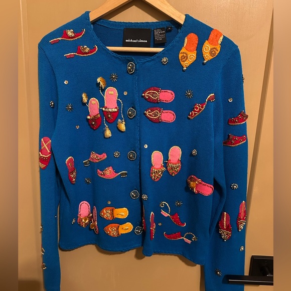 Michael Simon Sweaters - Michael Simon Cardigan Sweater‎ Vintage Blue Beaded slippers shoes Size M NWOT